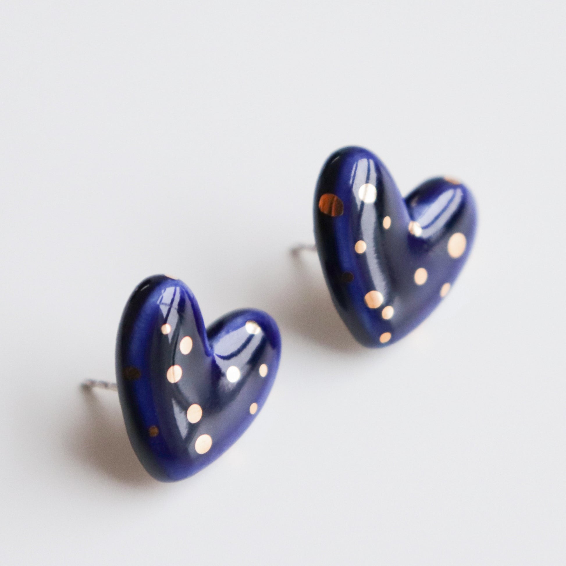 Dotted Porcelain Heart Studs - Blue
