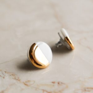Porcelain Round Stud Earrings - White and Gold